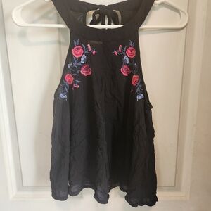 Hollister Black Floral Embroidered Halter Top